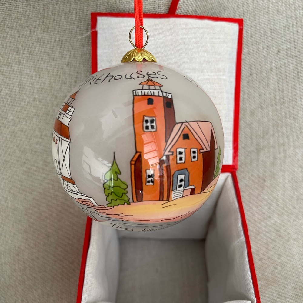 Vintage Hand Painted Lighthouses Christmas Ornament With Box
